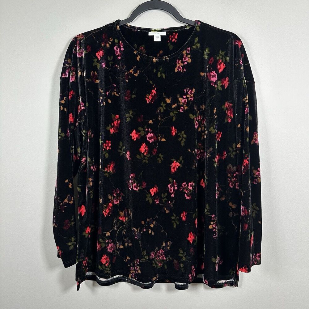 J.Jill Medium Black Red Pink Floral Velour 3/4 Sleeve Top - Picture 1 of 5
